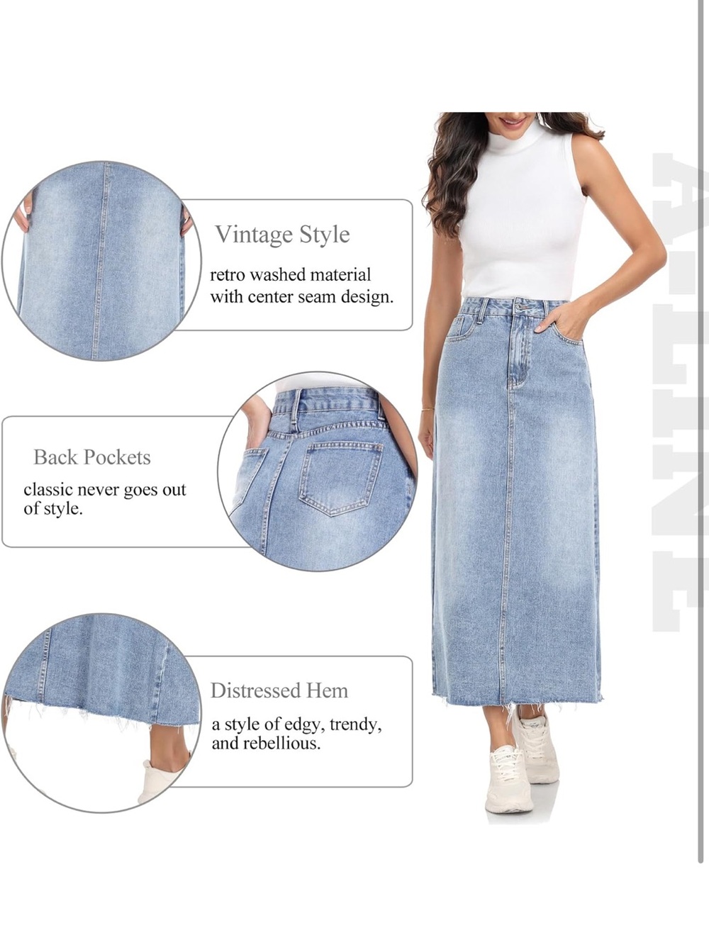 Denim Skirt Stretch High Waisted Frayed Raw Hem A Line Midi Skirt with Pockets - Picture 4 of 7